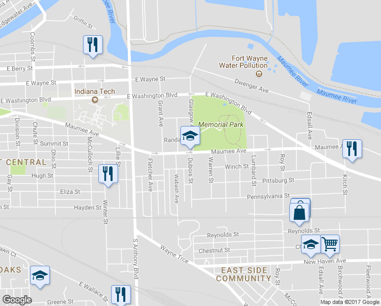 map of restaurants, bars, coffee shops, grocery stores, and more near 2200 Maumee Avenue in Fort Wayne