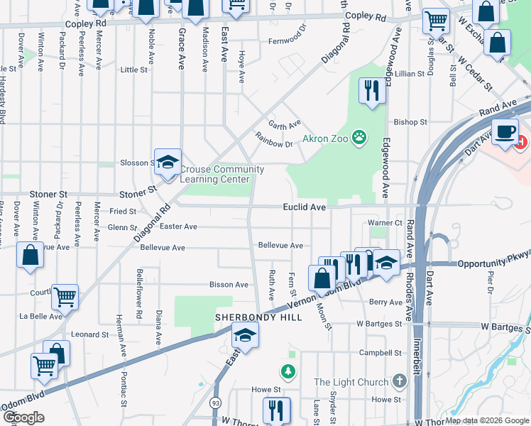 map of restaurants, bars, coffee shops, grocery stores, and more near 681 Euclid Avenue in Akron