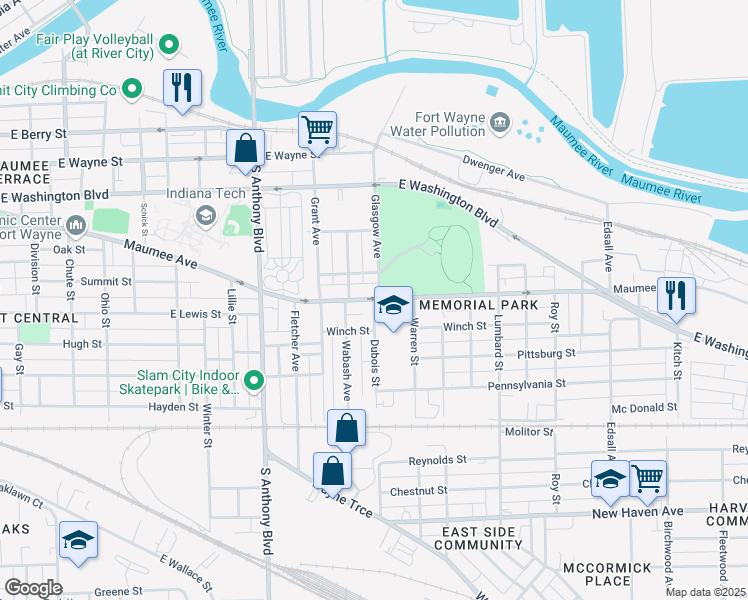 map of restaurants, bars, coffee shops, grocery stores, and more near 2200 Maumee Avenue in Fort Wayne