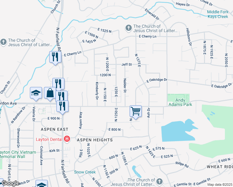 map of restaurants, bars, coffee shops, grocery stores, and more near 1101 Nayon Drive in Layton
