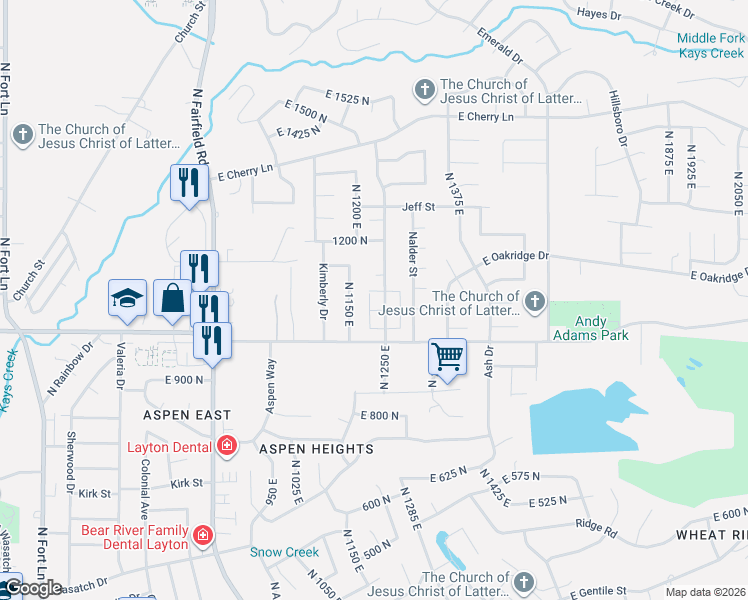 map of restaurants, bars, coffee shops, grocery stores, and more near 1101 Nayon Drive in Layton