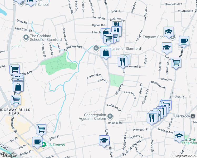map of restaurants, bars, coffee shops, grocery stores, and more near 34 Crane Road North in Stamford