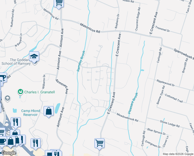 map of restaurants, bars, coffee shops, grocery stores, and more near 75 Fisher Road in Mahwah