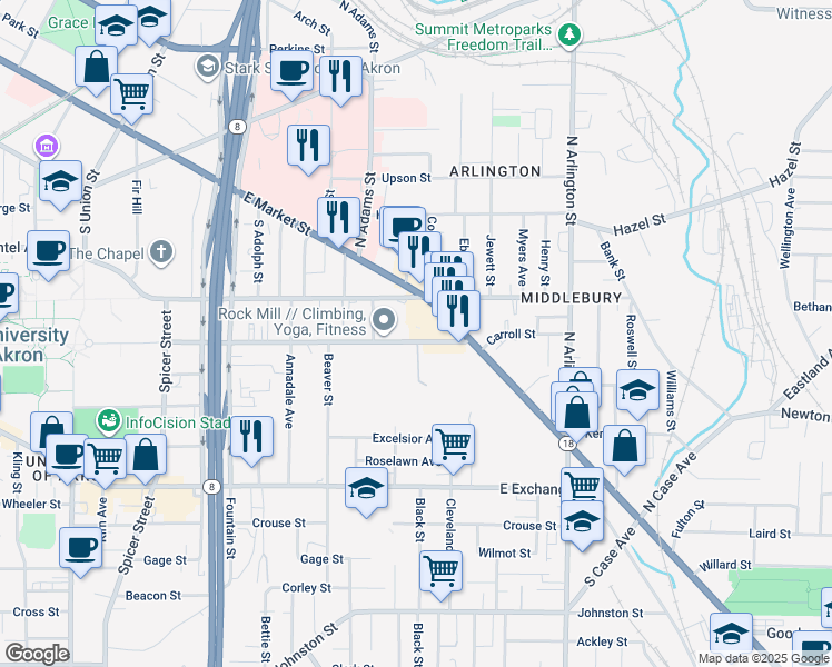 map of restaurants, bars, coffee shops, grocery stores, and more near 707 Carroll Street in Akron