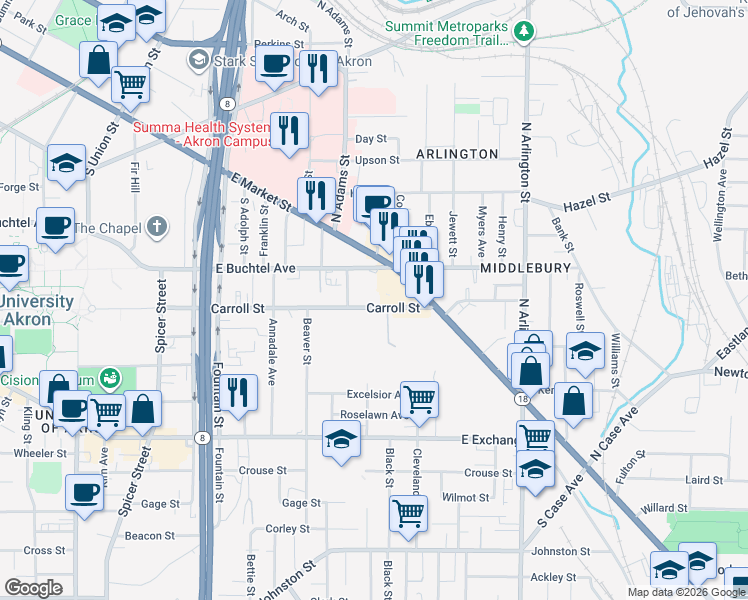 map of restaurants, bars, coffee shops, grocery stores, and more near 707 Carroll Street in Akron