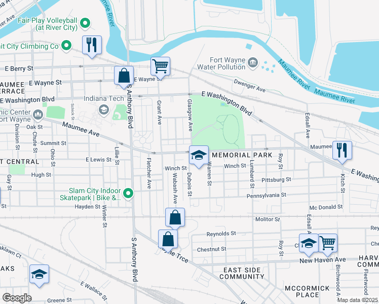 map of restaurants, bars, coffee shops, grocery stores, and more near 2119 Maumee Avenue in Fort Wayne