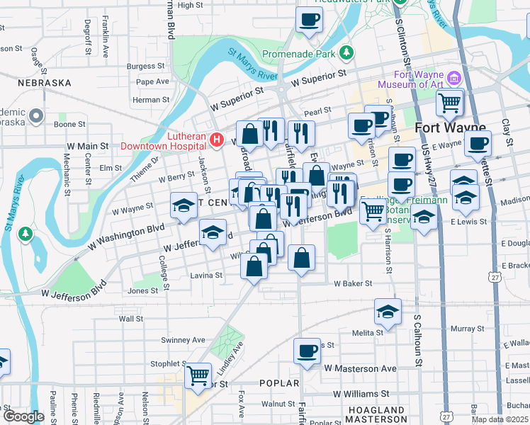 map of restaurants, bars, coffee shops, grocery stores, and more near 623 Lincoln Highway in Fort Wayne