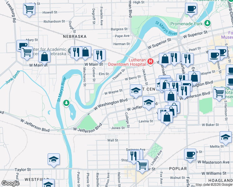 map of restaurants, bars, coffee shops, grocery stores, and more near 1216 West Wayne Street in Fort Wayne