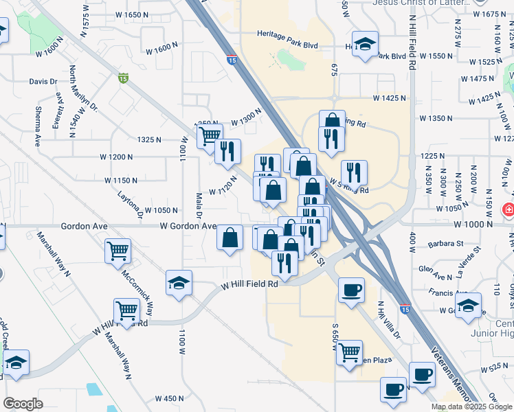map of restaurants, bars, coffee shops, grocery stores, and more near 1125 North Main Street in Layton