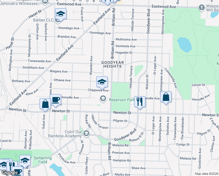 map of restaurants, bars, coffee shops, grocery stores, and more near 491 Mohawk Avenue in Akron
