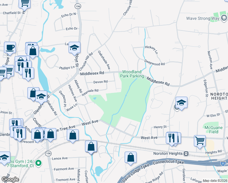 map of restaurants, bars, coffee shops, grocery stores, and more near 6 Forest Road in Darien
