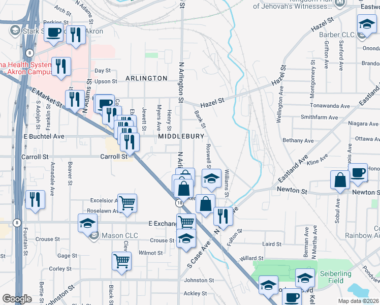 map of restaurants, bars, coffee shops, grocery stores, and more near in Akron