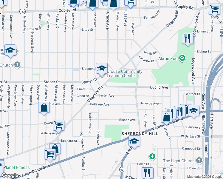 map of restaurants, bars, coffee shops, grocery stores, and more near 811 Euclid Avenue in Akron