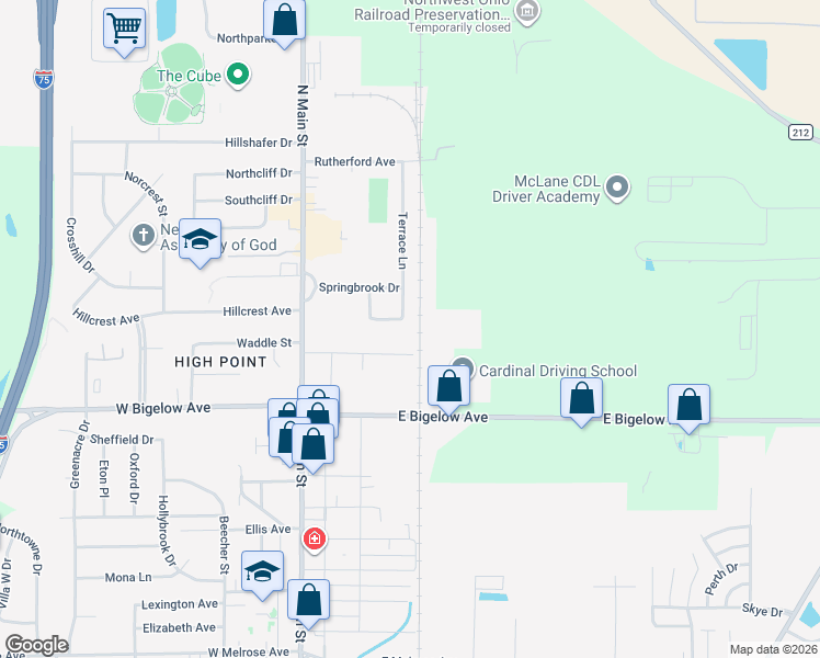 map of restaurants, bars, coffee shops, grocery stores, and more near 230 Terrace Drive in Findlay