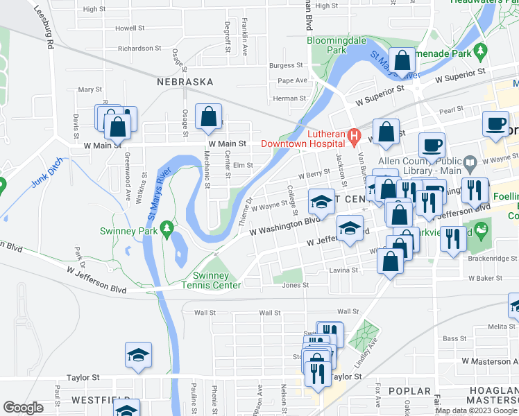 map of restaurants, bars, coffee shops, grocery stores, and more near 1313 West Wayne Street in Fort Wayne