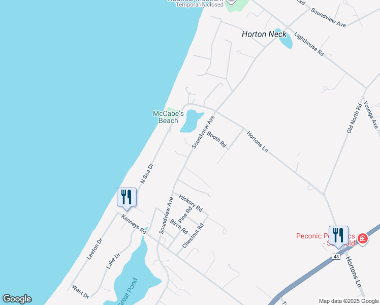 map of restaurants, bars, coffee shops, grocery stores, and more near 11710 Soundview Avenue in Southold