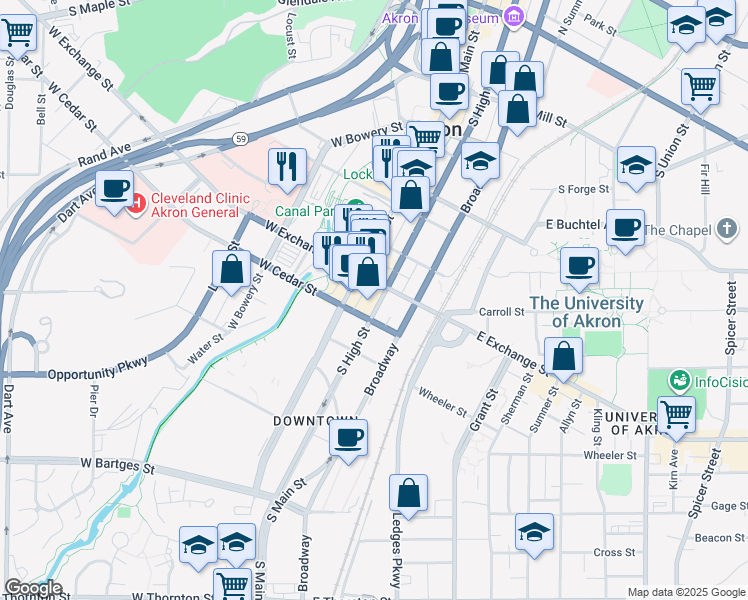 map of restaurants, bars, coffee shops, grocery stores, and more near 357 South Main Street in Akron