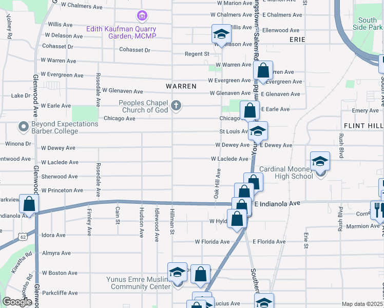 map of restaurants, bars, coffee shops, grocery stores, and more near 164 West Laclede Avenue in Youngstown