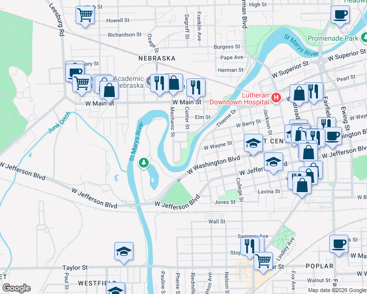 map of restaurants, bars, coffee shops, grocery stores, and more near 227 Center Street in Fort Wayne