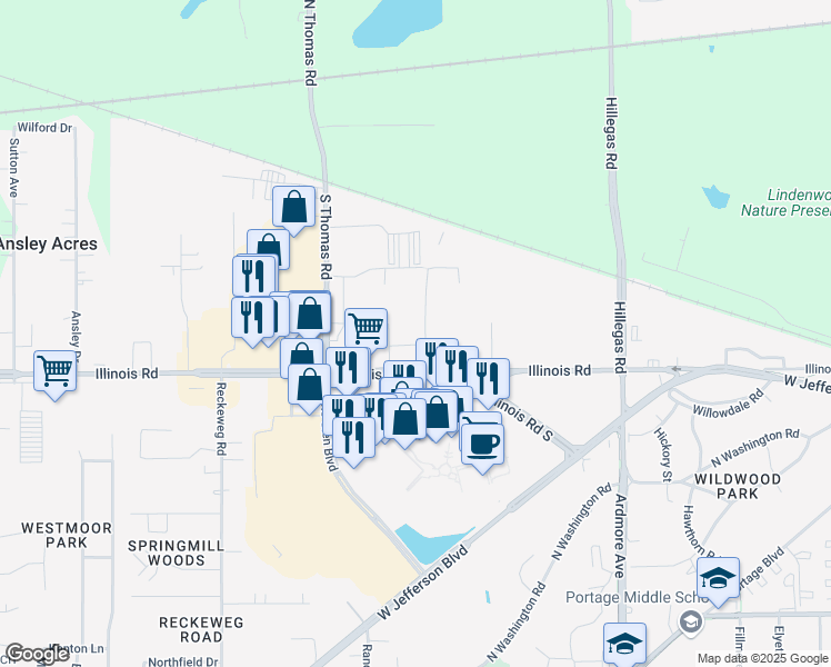 map of restaurants, bars, coffee shops, grocery stores, and more near 4408 Illinois Road in Fort Wayne