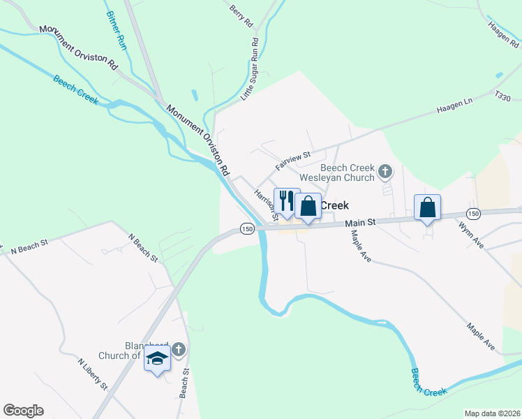 map of restaurants, bars, coffee shops, grocery stores, and more near 36 Monument Orviston Road in Beech Creek