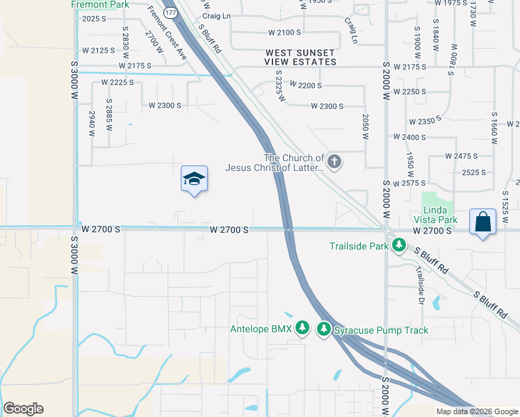 map of restaurants, bars, coffee shops, grocery stores, and more near 2633 South 2430 West in Syracuse