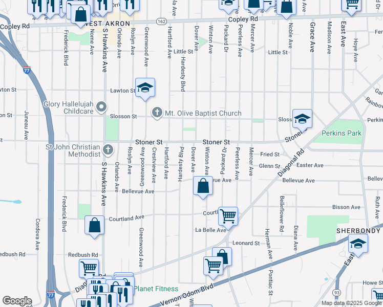 map of restaurants, bars, coffee shops, grocery stores, and more near 1100 Dover Avenue in Akron