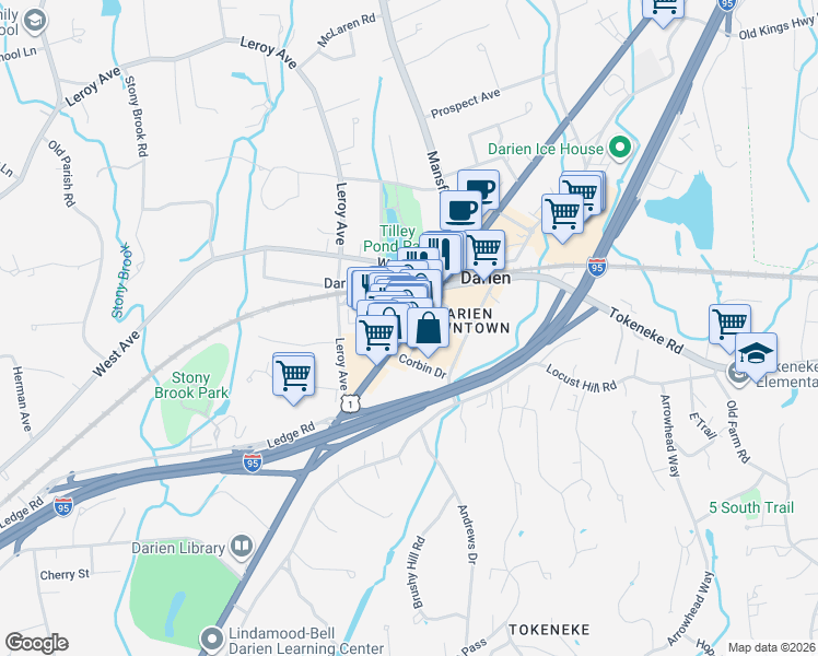 map of restaurants, bars, coffee shops, grocery stores, and more near 989 Post Road in Darien
