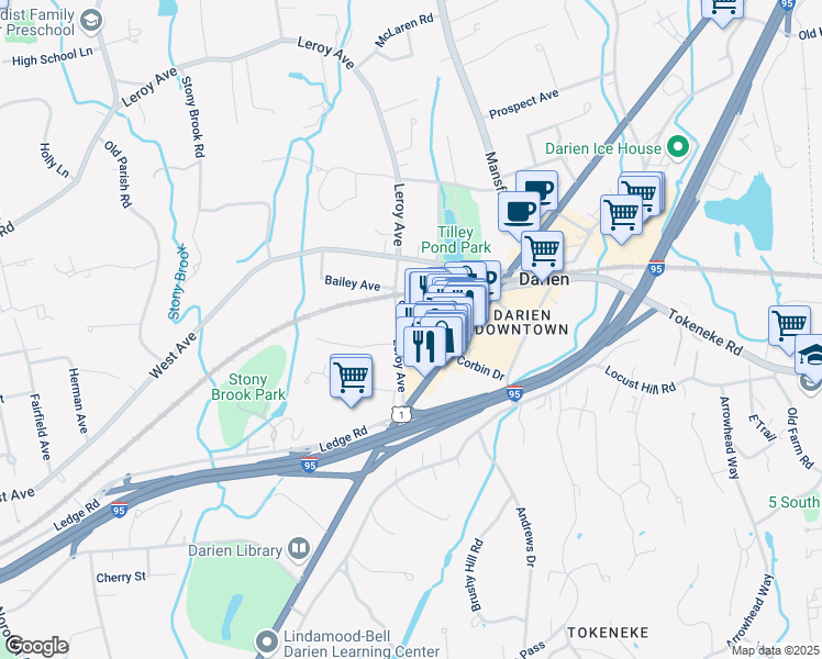 map of restaurants, bars, coffee shops, grocery stores, and more near 55 Leroy Avenue in Darien