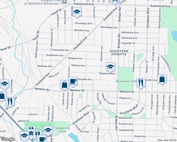 map of restaurants, bars, coffee shops, grocery stores, and more near 1340 Ottawa Avenue in Akron