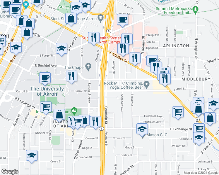 map of restaurants, bars, coffee shops, grocery stores, and more near 70 Wise Street in Akron