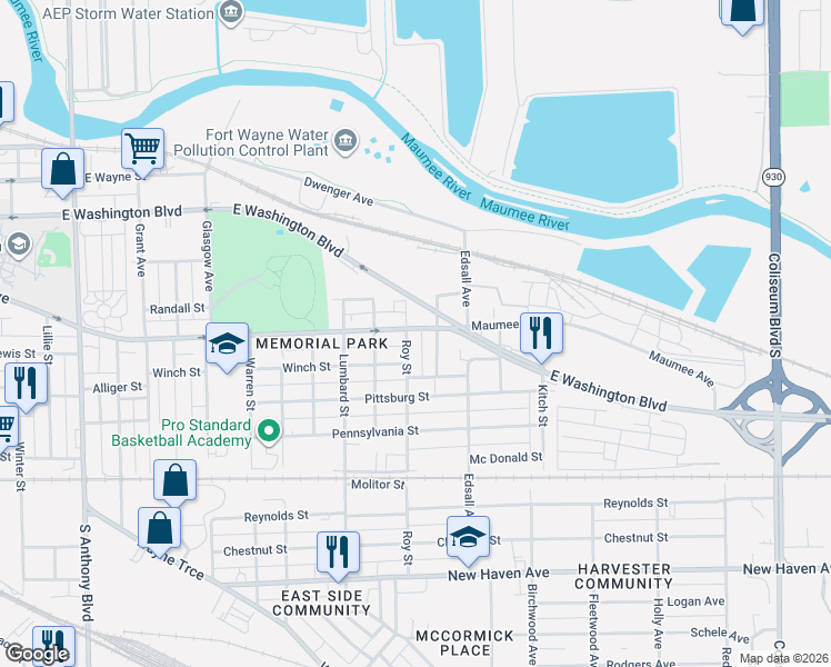 map of restaurants, bars, coffee shops, grocery stores, and more near 2821 Maumee Avenue in Fort Wayne