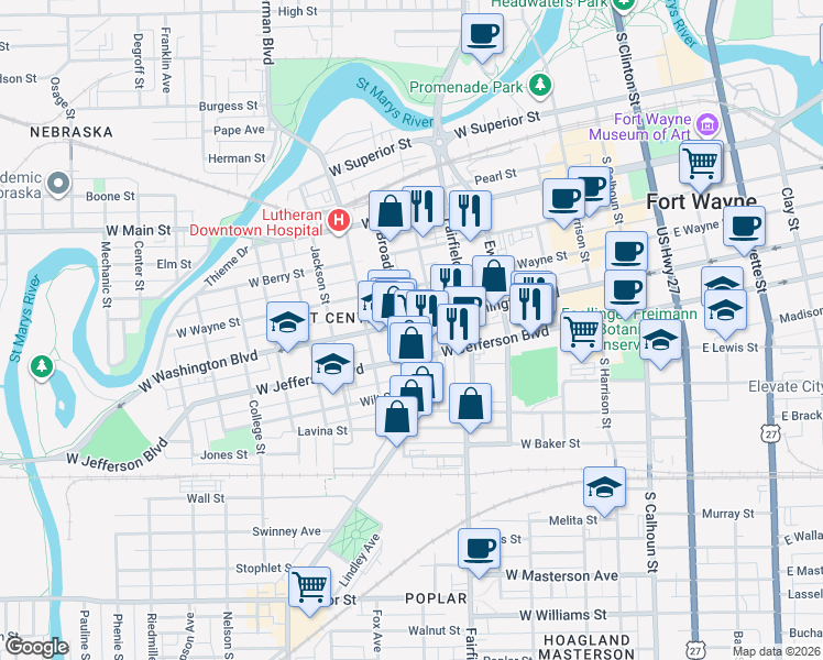 map of restaurants, bars, coffee shops, grocery stores, and more near 623 Lincoln Highway in Fort Wayne