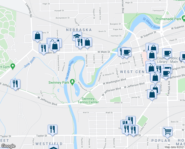 map of restaurants, bars, coffee shops, grocery stores, and more near 200 Center Street in Fort Wayne