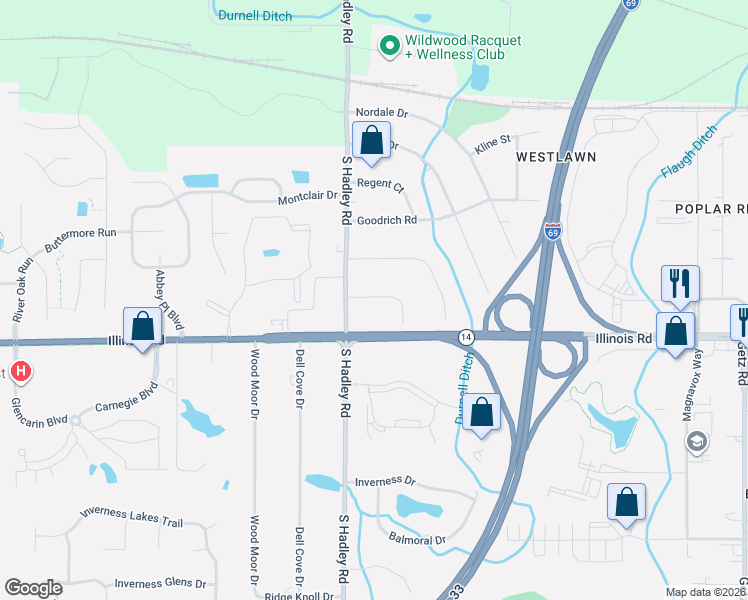 map of restaurants, bars, coffee shops, grocery stores, and more near 7032 Omaha Court in Fort Wayne