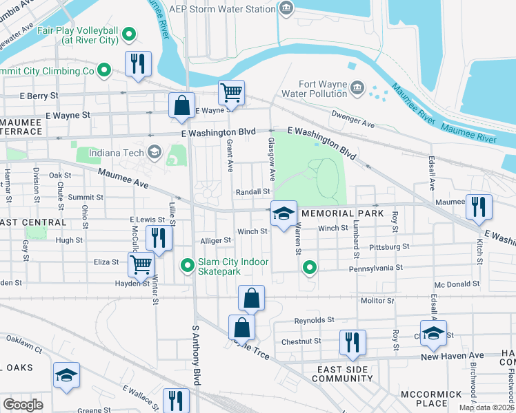 map of restaurants, bars, coffee shops, grocery stores, and more near 2109 Maumee Avenue in Fort Wayne