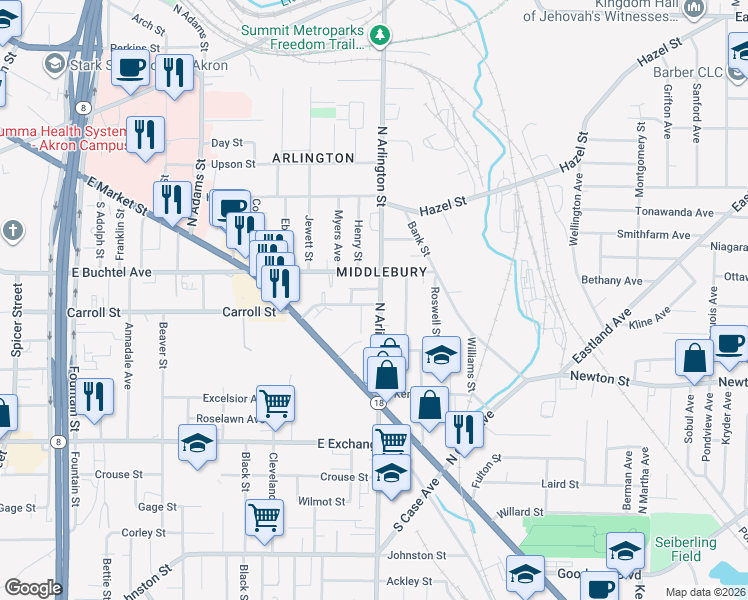 map of restaurants, bars, coffee shops, grocery stores, and more near in Akron