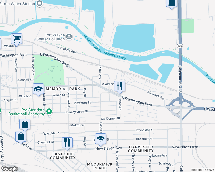 map of restaurants, bars, coffee shops, grocery stores, and more near 3101 Maumee Ave in Fort Wayne