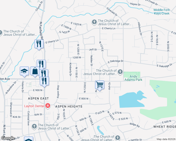 map of restaurants, bars, coffee shops, grocery stores, and more near 1088 Nayon Drive in Layton