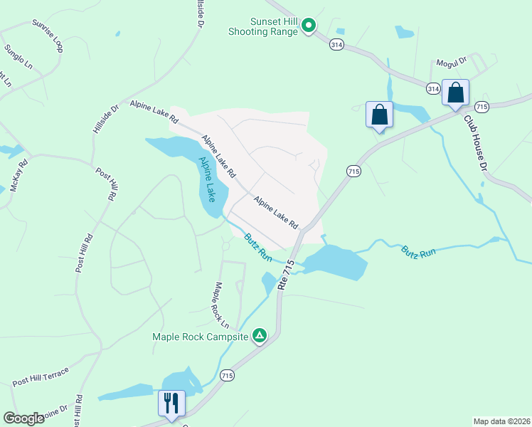 map of restaurants, bars, coffee shops, grocery stores, and more near 129 Alpine Lake Road in Henryville