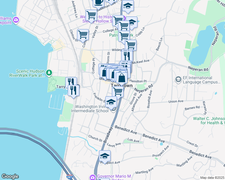 map of restaurants, bars, coffee shops, grocery stores, and more near 22 S Washington St in Tarrytown