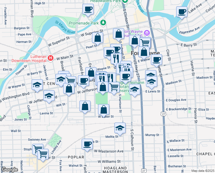 map of restaurants, bars, coffee shops, grocery stores, and more near 301 West Jefferson Boulevard in Fort Wayne