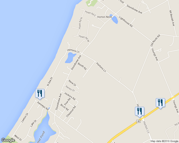 map of restaurants, bars, coffee shops, grocery stores, and more near 575 Jennings Road in Southold