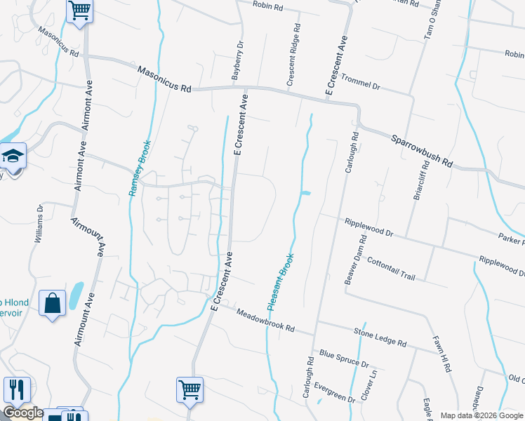 map of restaurants, bars, coffee shops, grocery stores, and more near 19 Roxbury Road in Mahwah
