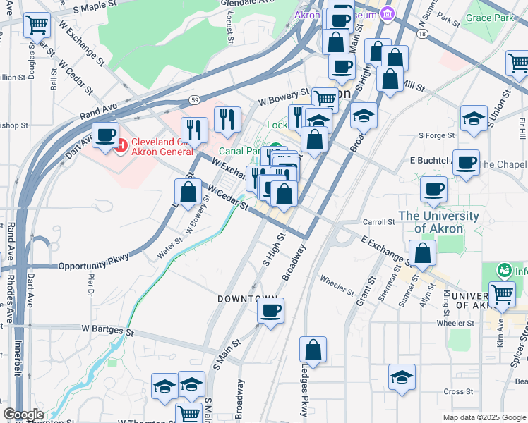 map of restaurants, bars, coffee shops, grocery stores, and more near in Akron