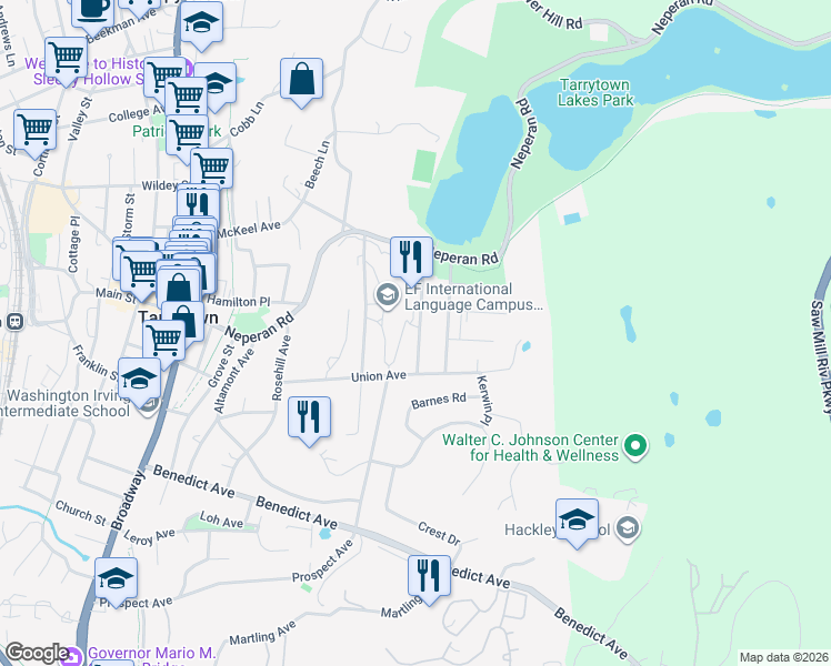 map of restaurants, bars, coffee shops, grocery stores, and more near 71 Irving Avenue in Tarrytown