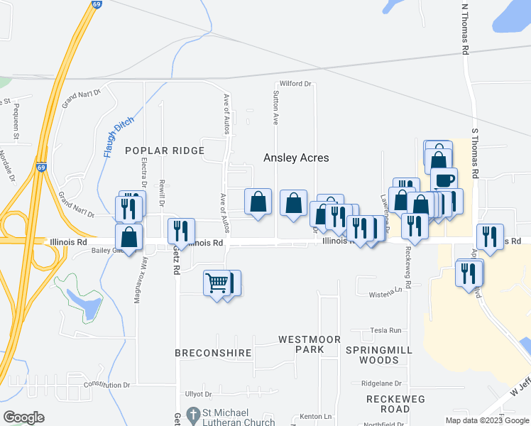 map of restaurants, bars, coffee shops, grocery stores, and more near 1018 Sutton Avenue in Fort Wayne