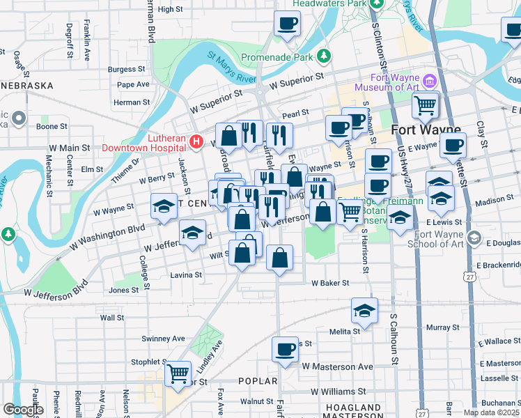 map of restaurants, bars, coffee shops, grocery stores, and more near 517 West Washington Boulevard in Fort Wayne