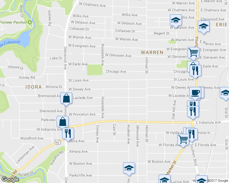 map of restaurants, bars, coffee shops, grocery stores, and more near 457 West Dewey Avenue in Youngstown