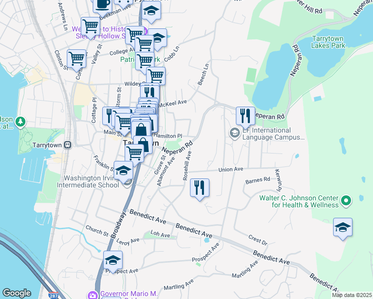map of restaurants, bars, coffee shops, grocery stores, and more near 72 Neperan Road in Tarrytown